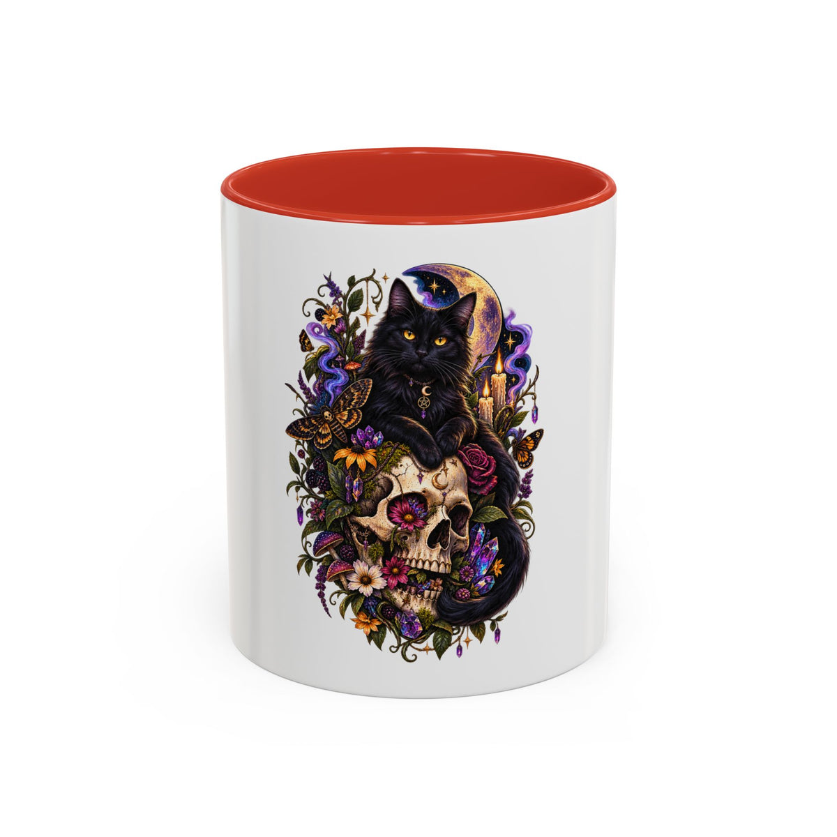 Black Cat & Skull Floral Accent Coffee Mug — Gothic Halloween Coffee Cup (11/15oz)