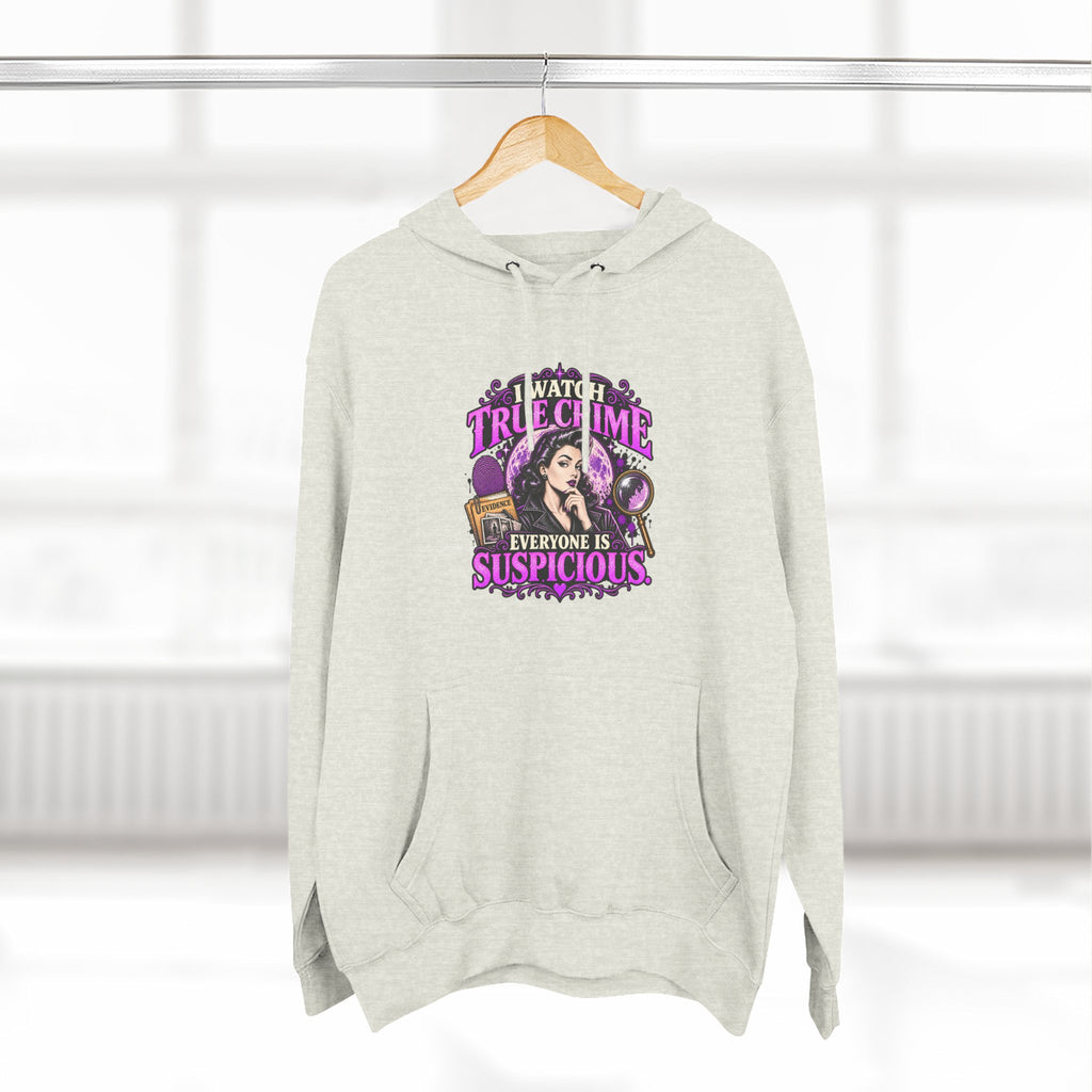 True Crime Hoodie — “Everyone Is Suspicious” Graphic Pullover