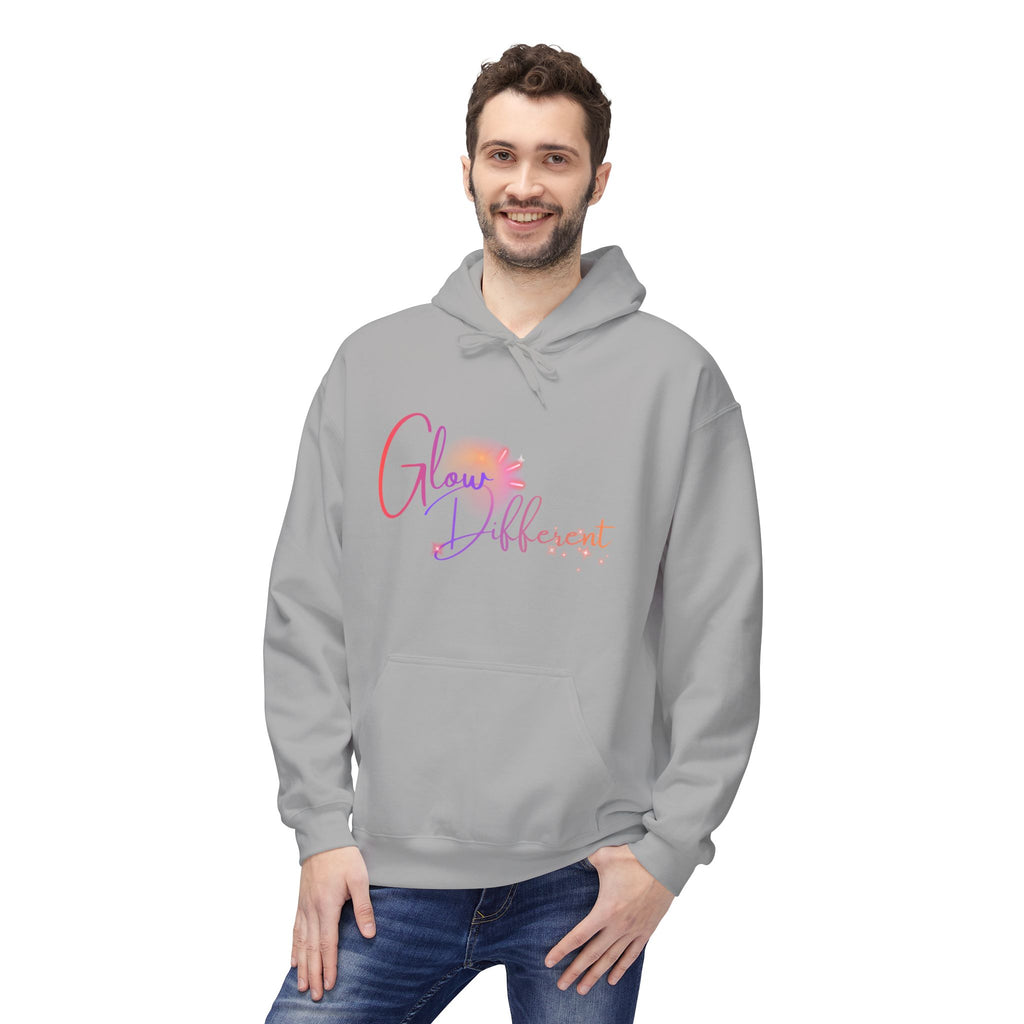 Glow Different Hoodie — Pastel Brush Script Inspirational Pullover