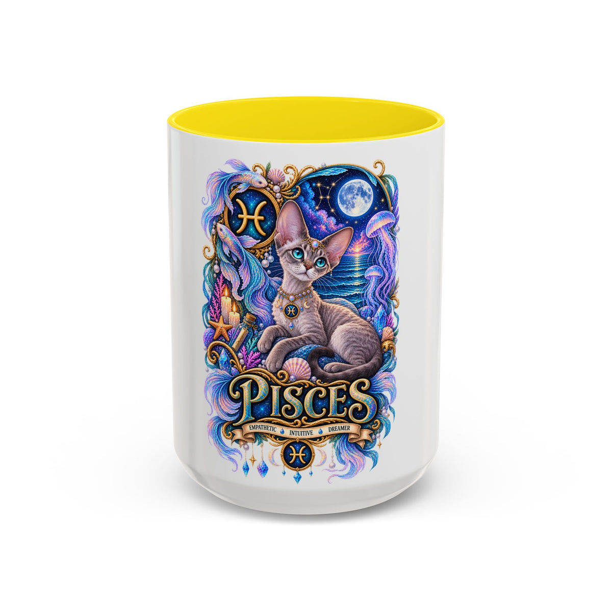 Pisces Devon Rex Cat Accent Coffee Mug — Zodiac Astrology Ceramic Mug (11/15oz)