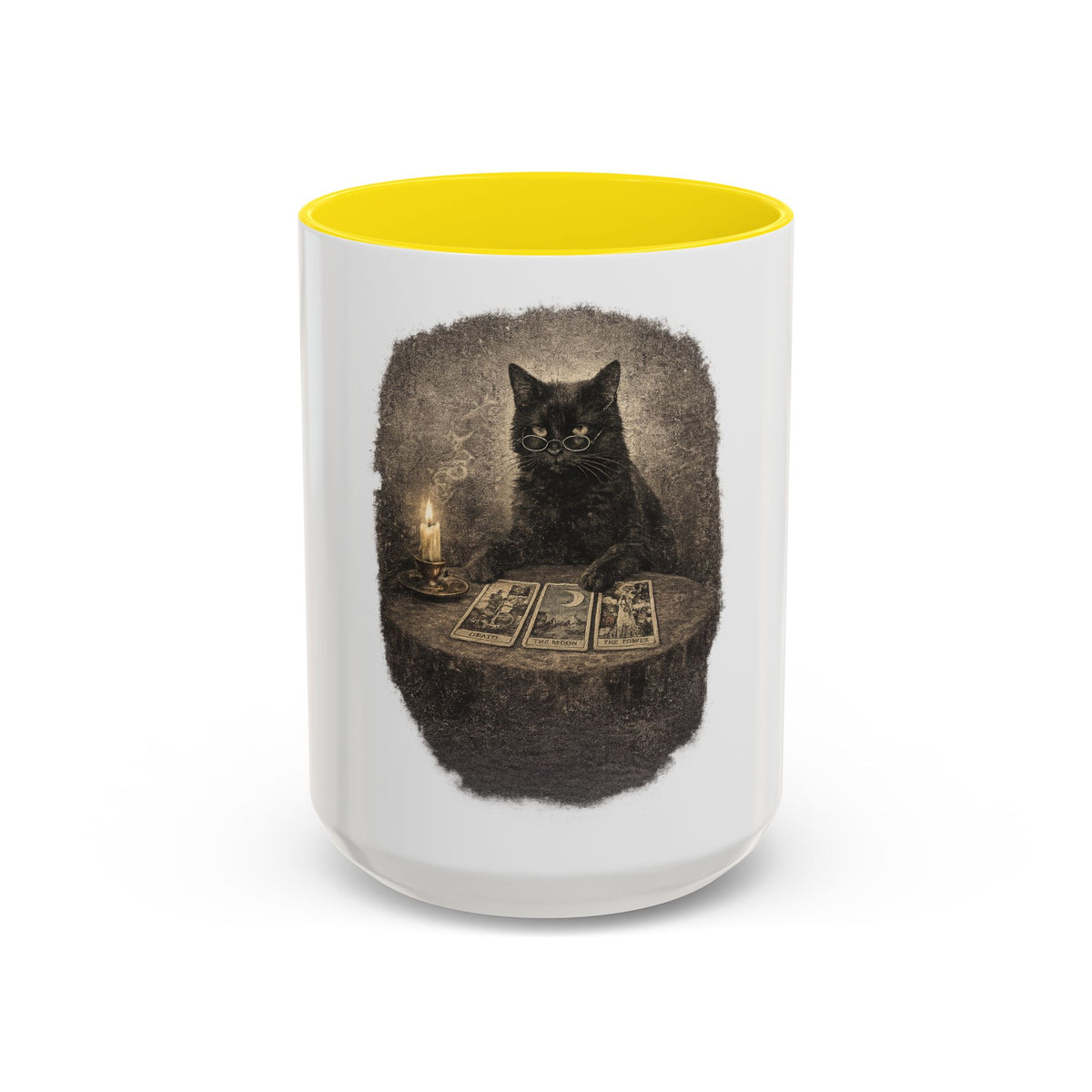 Tarot Cat Accent Coffee Mug — Witchy Black Cat with Tarot Cards