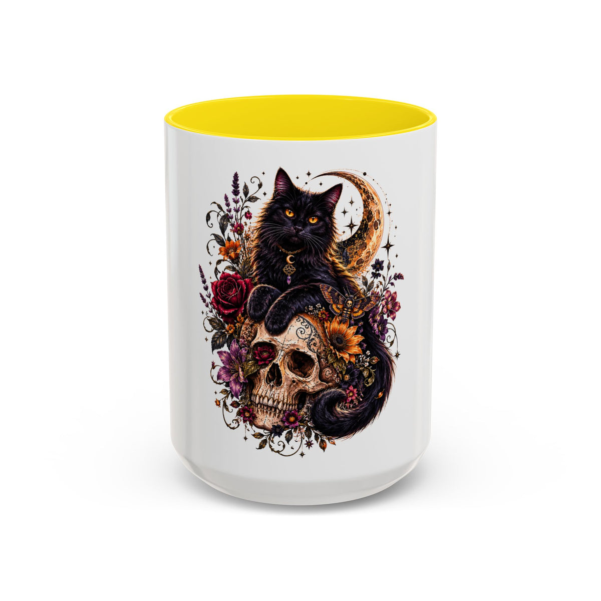 Cat & Skull Accent Coffee Mug — Gothic Black Cat Art Coffee Cup (11/15oz)