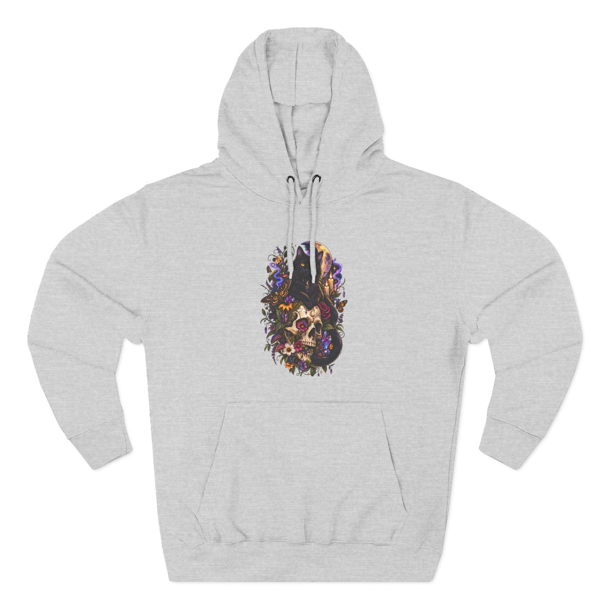 Skull Black Cat Hoodie — Romantic Gothic Floral Skull Graphic Fleece Pullover
