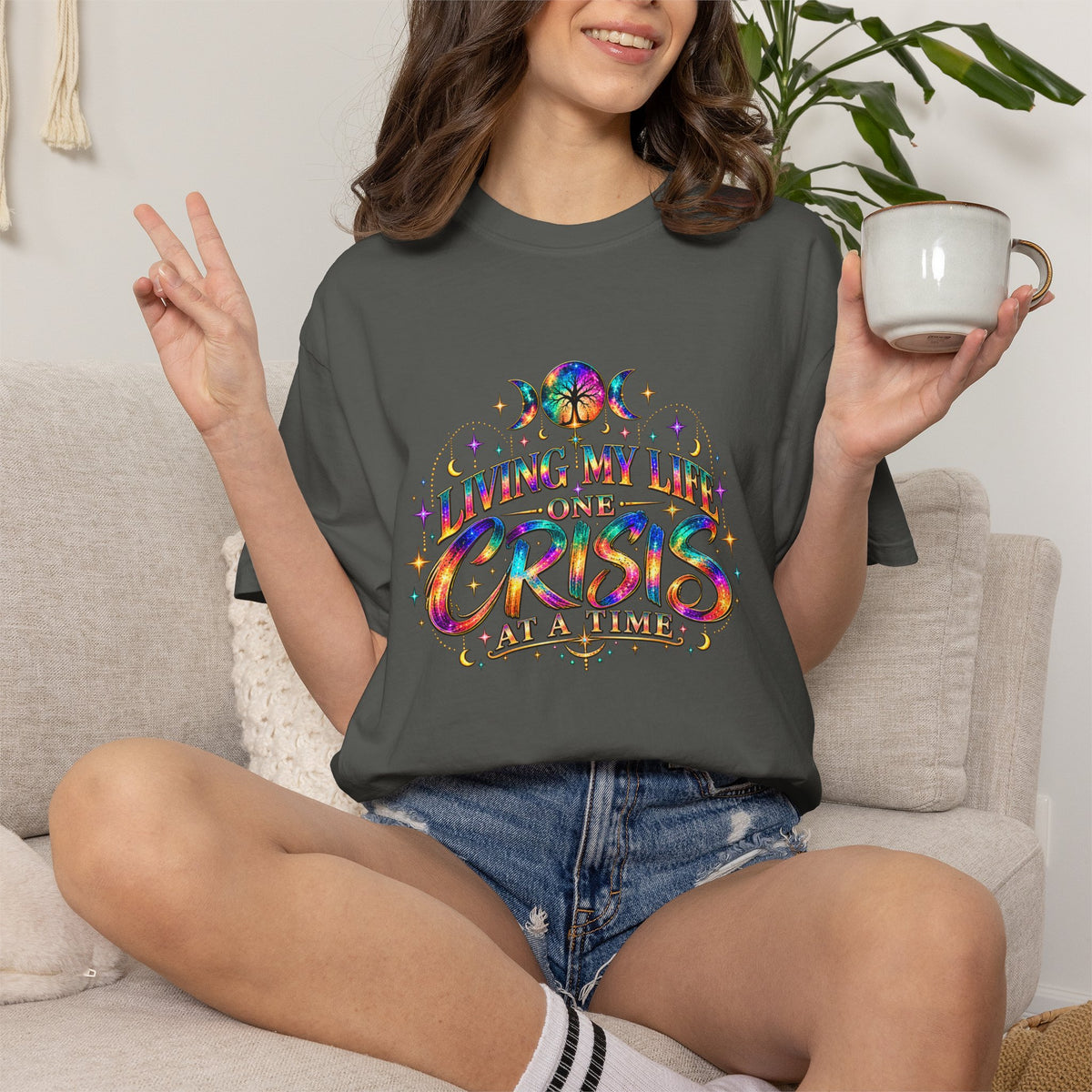 Graphic T-Shirt — "Living My Life One Crisis at a Time" Colorful Retro Tee