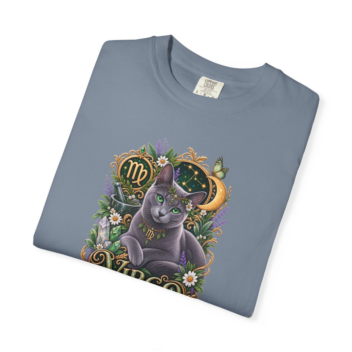Virgo Cat Zodiac T-Shirt — Virgo Astrology Tee with Russian Blue & Floral Design