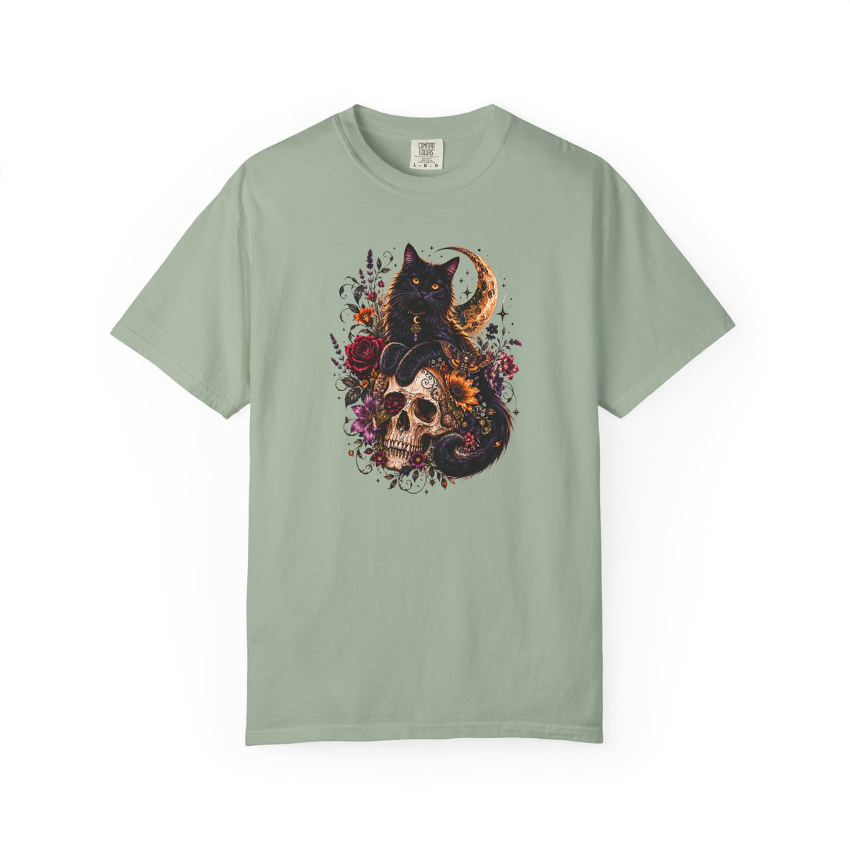 Cat & Skull Gothic T-Shirt — Black Cat Moon Floral Graphic Tee
