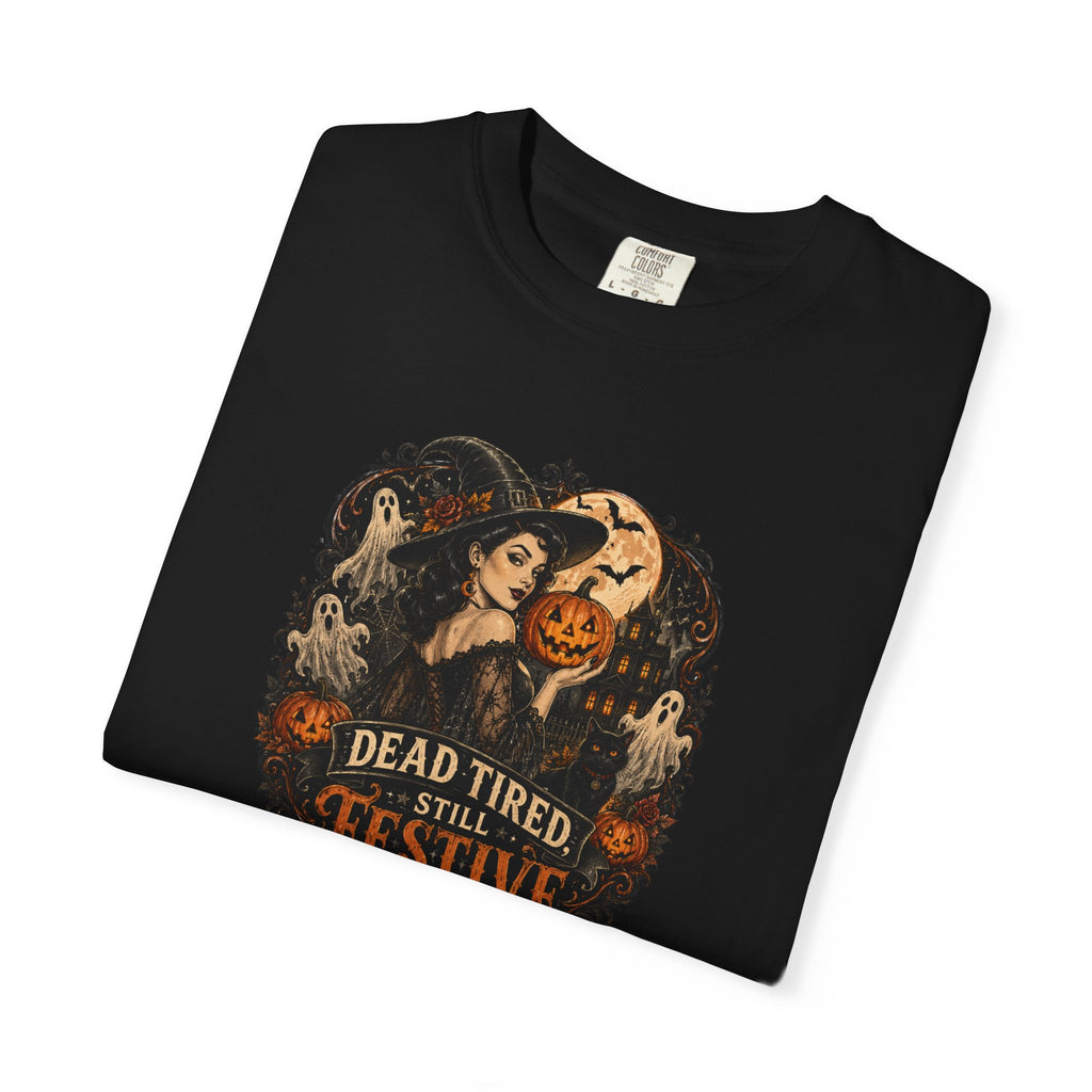 Halloween Graphic T-Shirt — "Dead Tired but Festive" Vintage Horror Pumpkin Tee