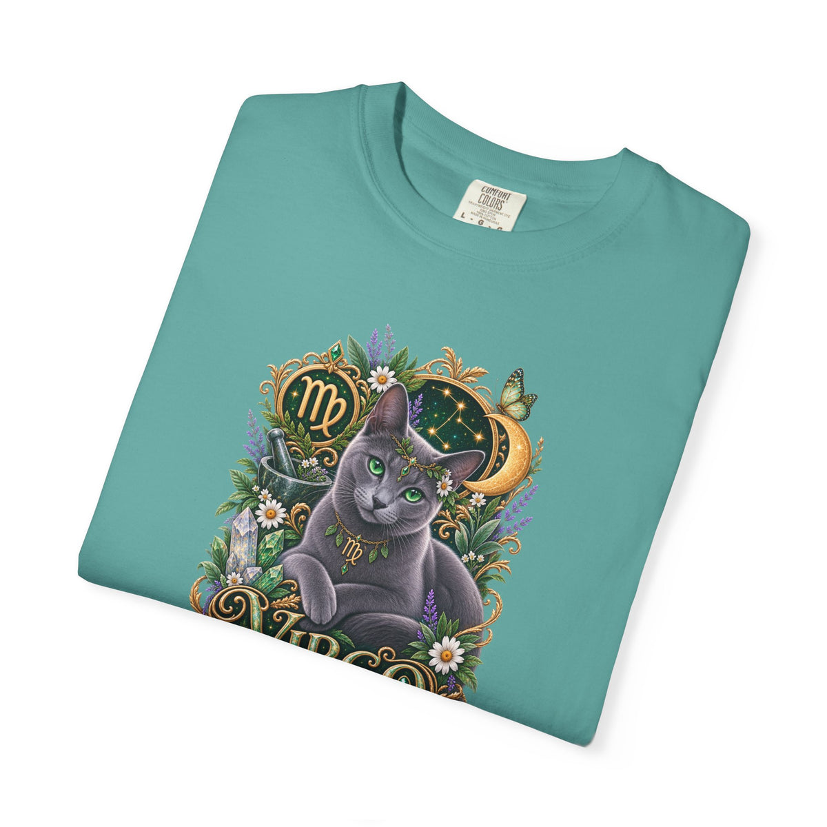 Virgo Cat Zodiac T-Shirt — Virgo Astrology Tee with Russian Blue & Floral Design