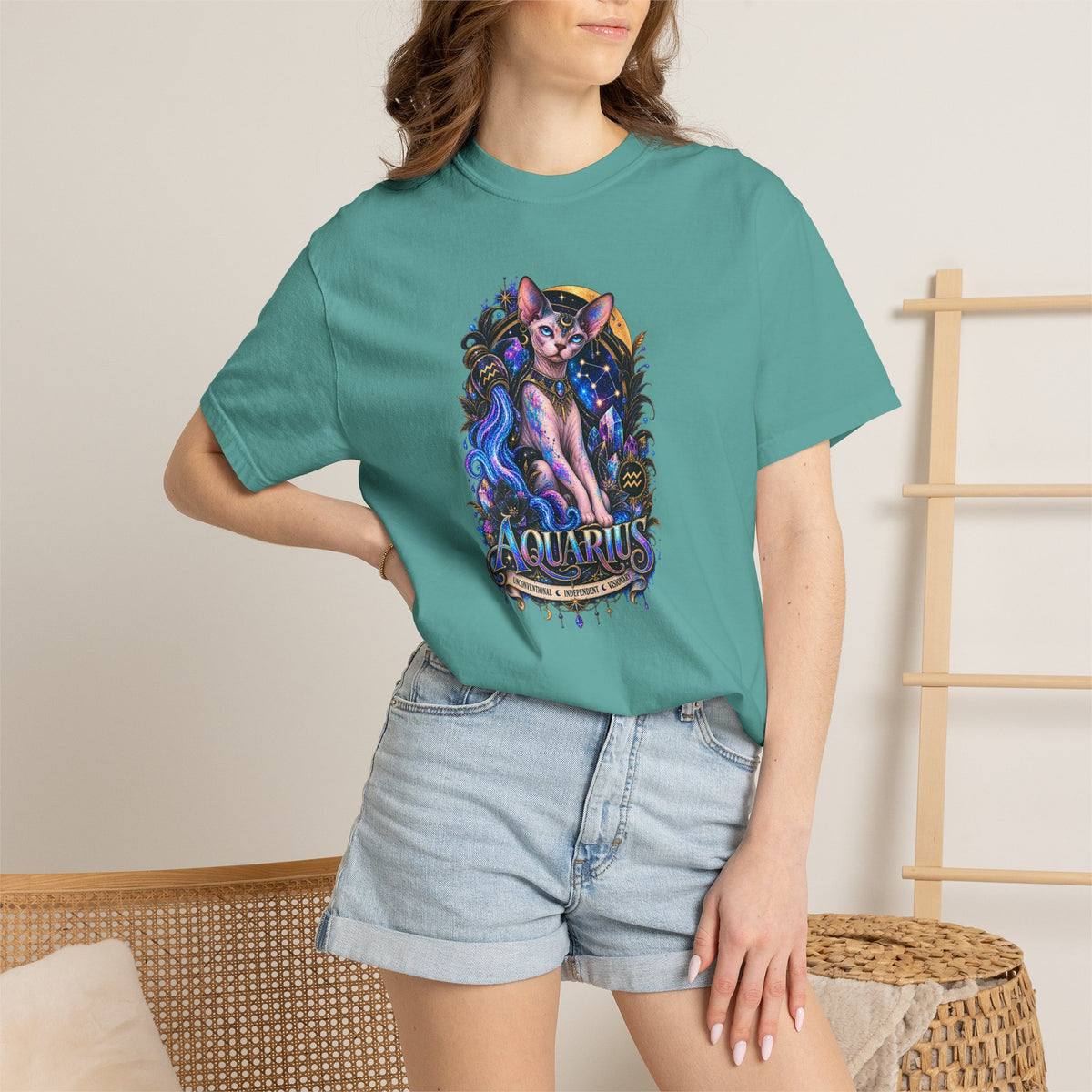 Aquarius Sphynx Cat Zodiac Tee- Celestial Astrology cat lover T-shirt