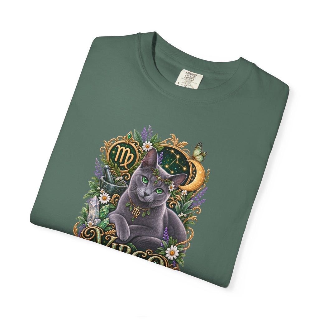 Virgo Cat Zodiac T-Shirt — Virgo Astrology Tee with Russian Blue & Floral Design