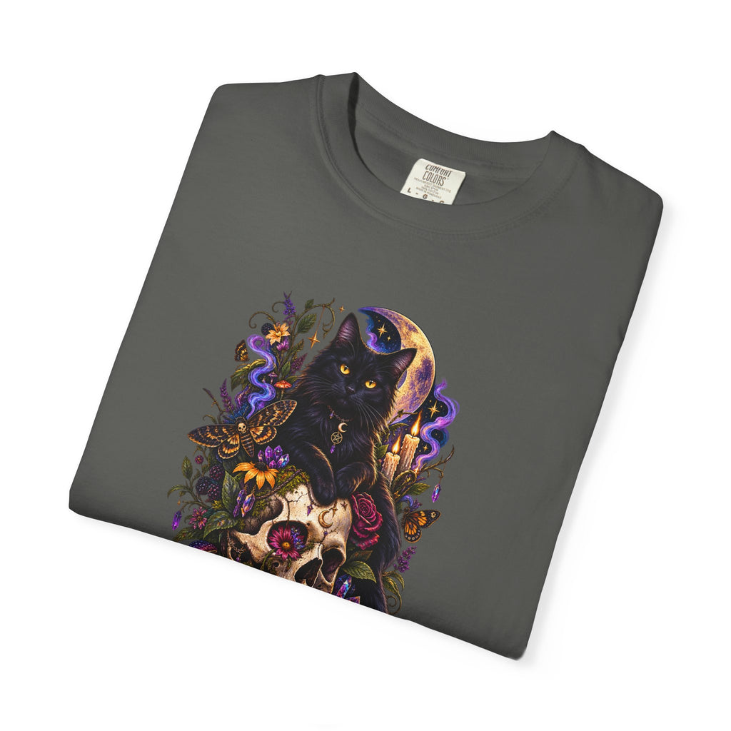 Skull & Black Cat Gothic T-Shirt — Dark Floral Day of the Dead Style