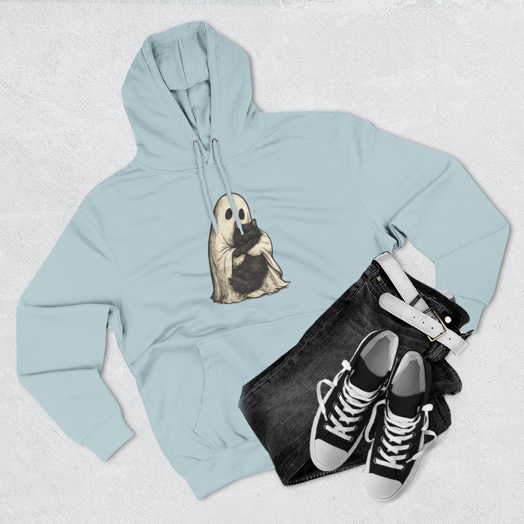 Ghost Hugging Black Cat Fleece Hoodie — Cute Ghost Hugging Black Cat Cozy Pullover