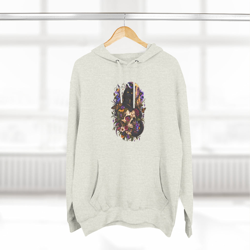 Skull Black Cat Hoodie — Romantic Gothic Floral Skull Graphic Fleece Pullover