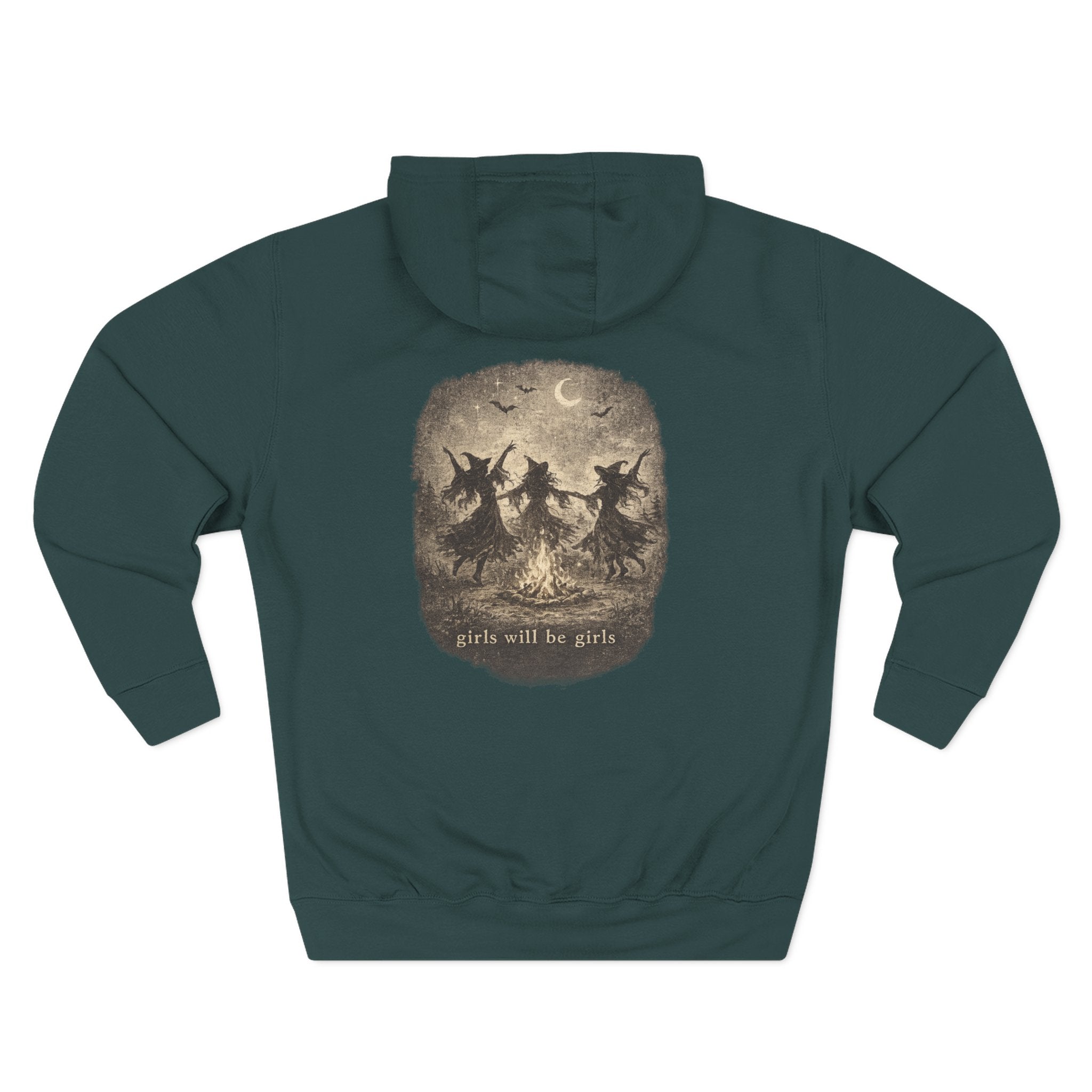 Witchy Trio Graphic Hoodie – 'Girls Will Be Girls' Vintage Moonback Sweatshirt