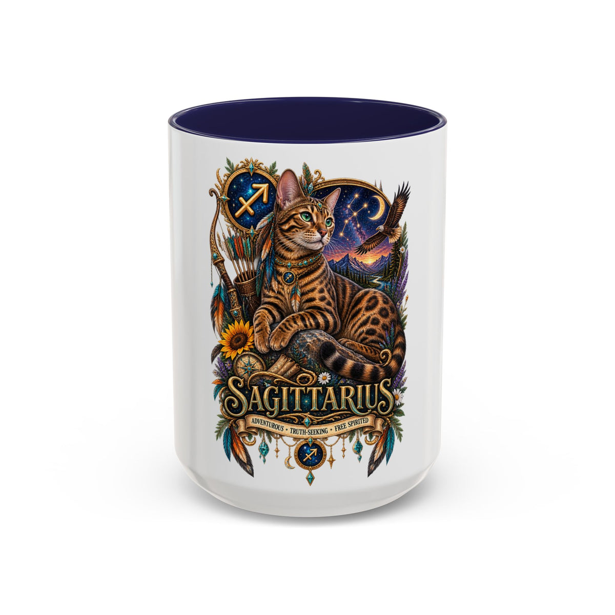 Sagittarius Bengal Cat Zodiac Coffee Mug — Cat Archer Astrology Accent Mug (11/15oz)
