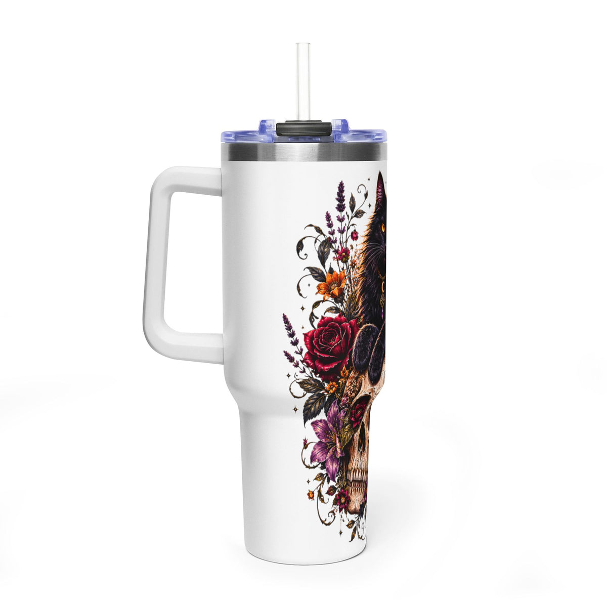 40oz Skull & Black Cat Tumbler – Day of the Dead Floral Vacuum Travel Mug