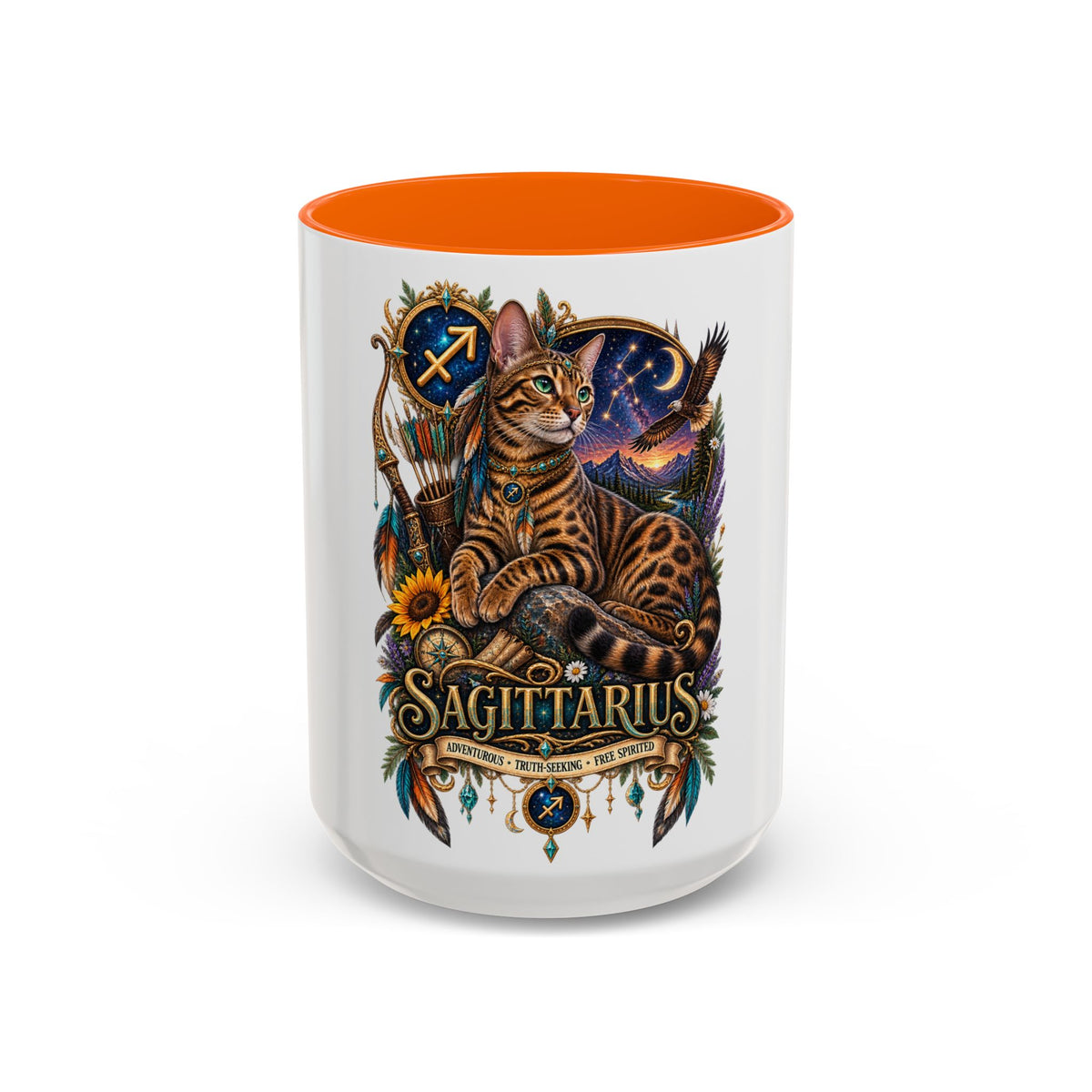 Sagittarius Bengal Cat Zodiac Coffee Mug — Cat Archer Astrology Accent Mug (11/15oz)