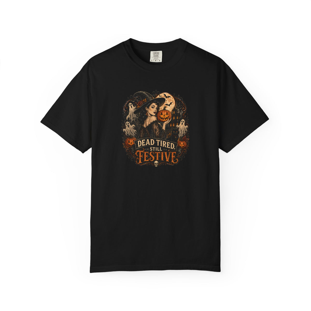 Halloween Graphic T-Shirt — "Dead Tired but Festive" Vintage Horror Pumpkin Tee