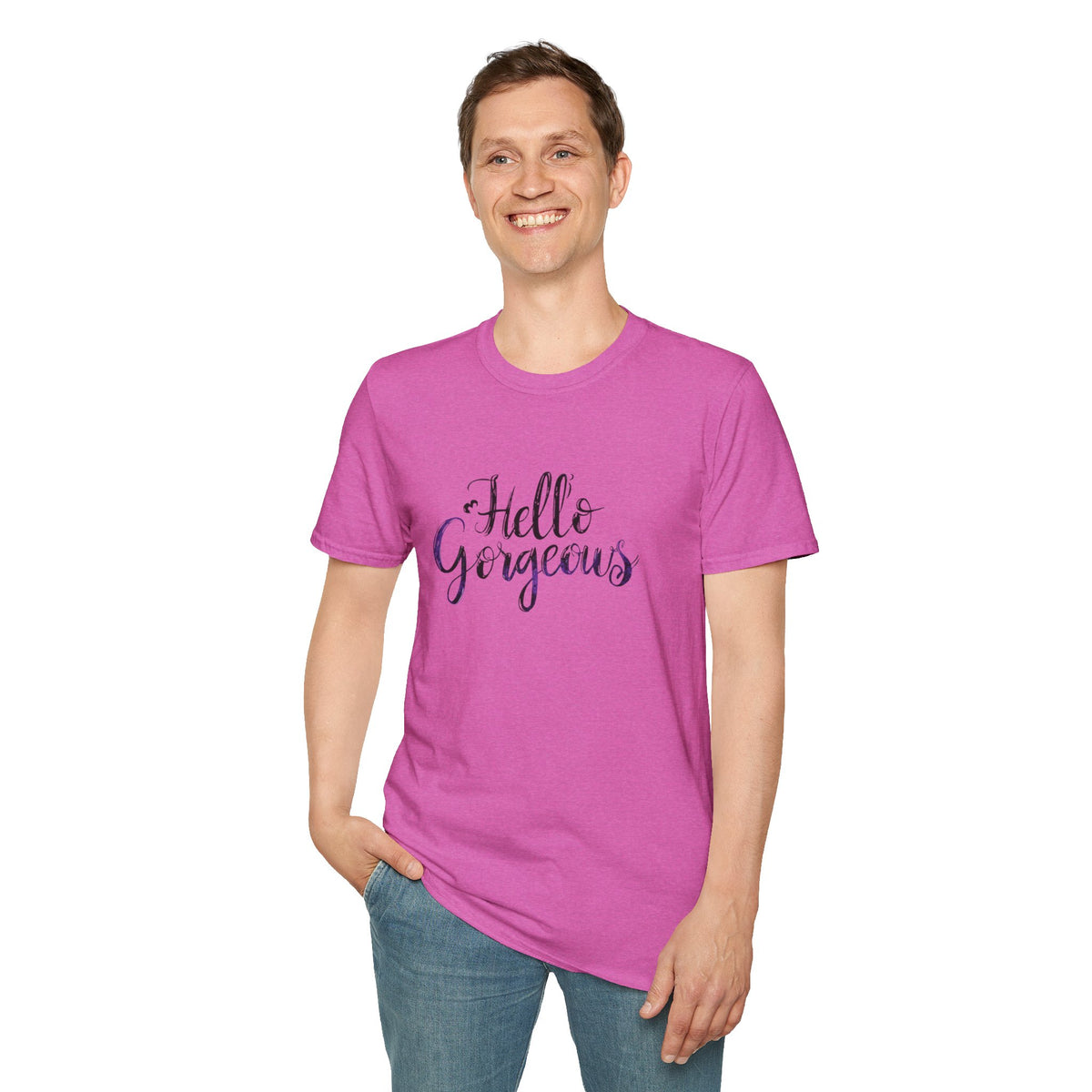 T-Shirt — "Hello Gorgeous" Purple Black Script Graphic Tee