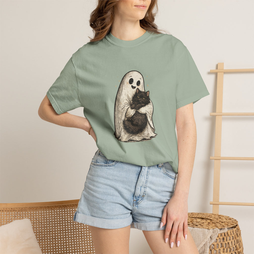 Boo & Meow Ghost Hugging Black Cat T-Shirt | Cute Spooky Tee