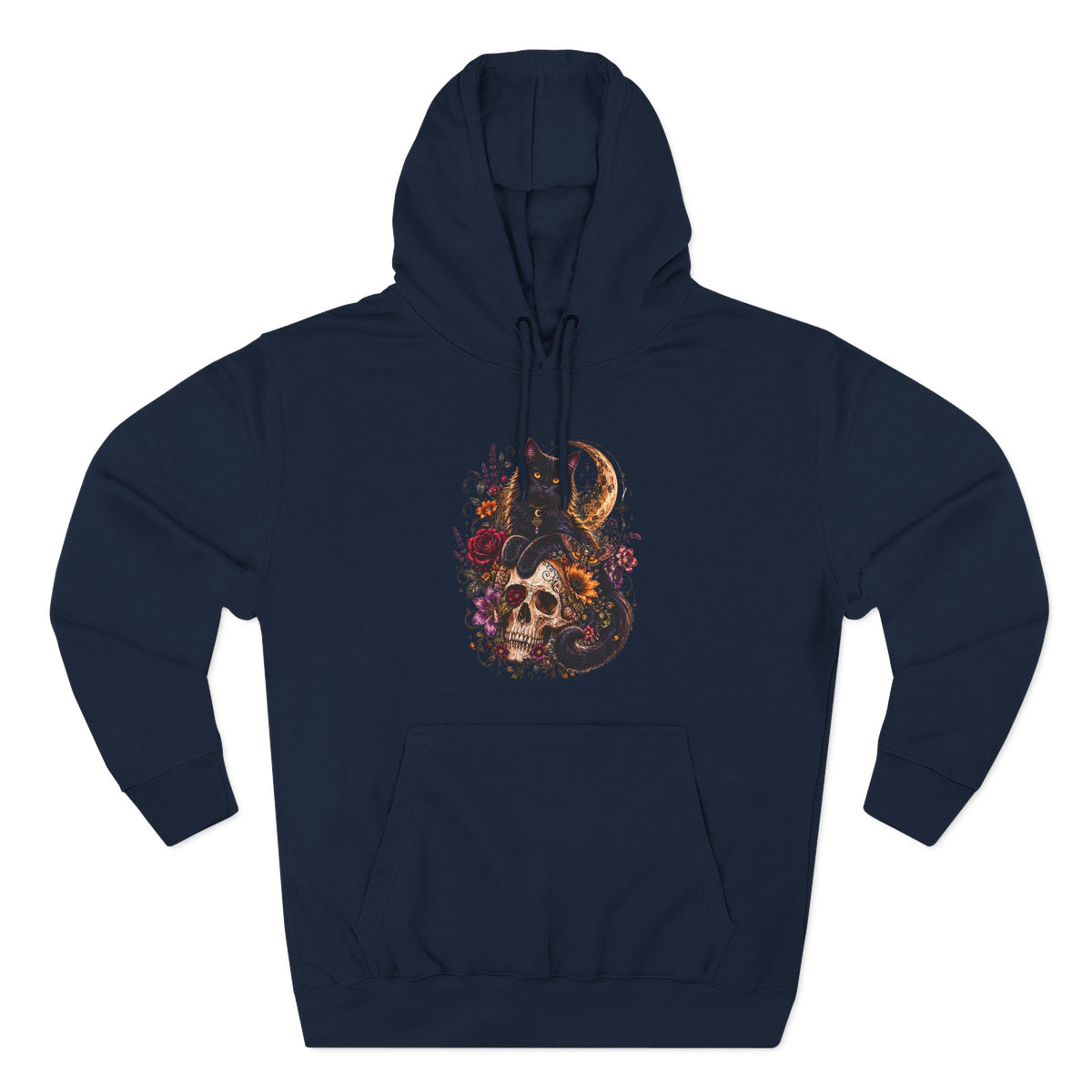 Skull & Cat Hoodie — Romantic Gothic Celestial Moon Graphic Fleece Pullover