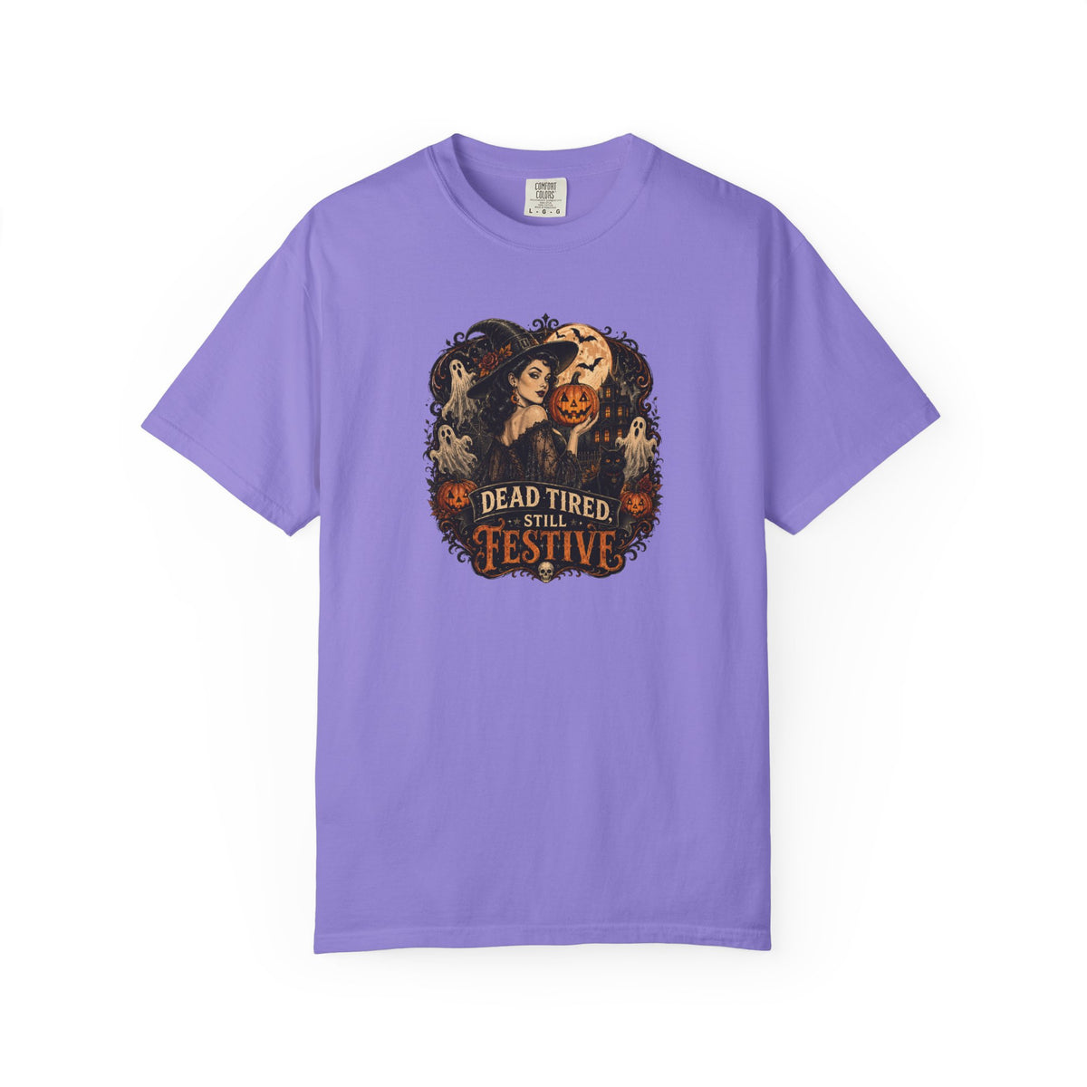 Halloween Graphic T-Shirt — "Dead Tired but Festive" Vintage Horror Pumpkin Tee