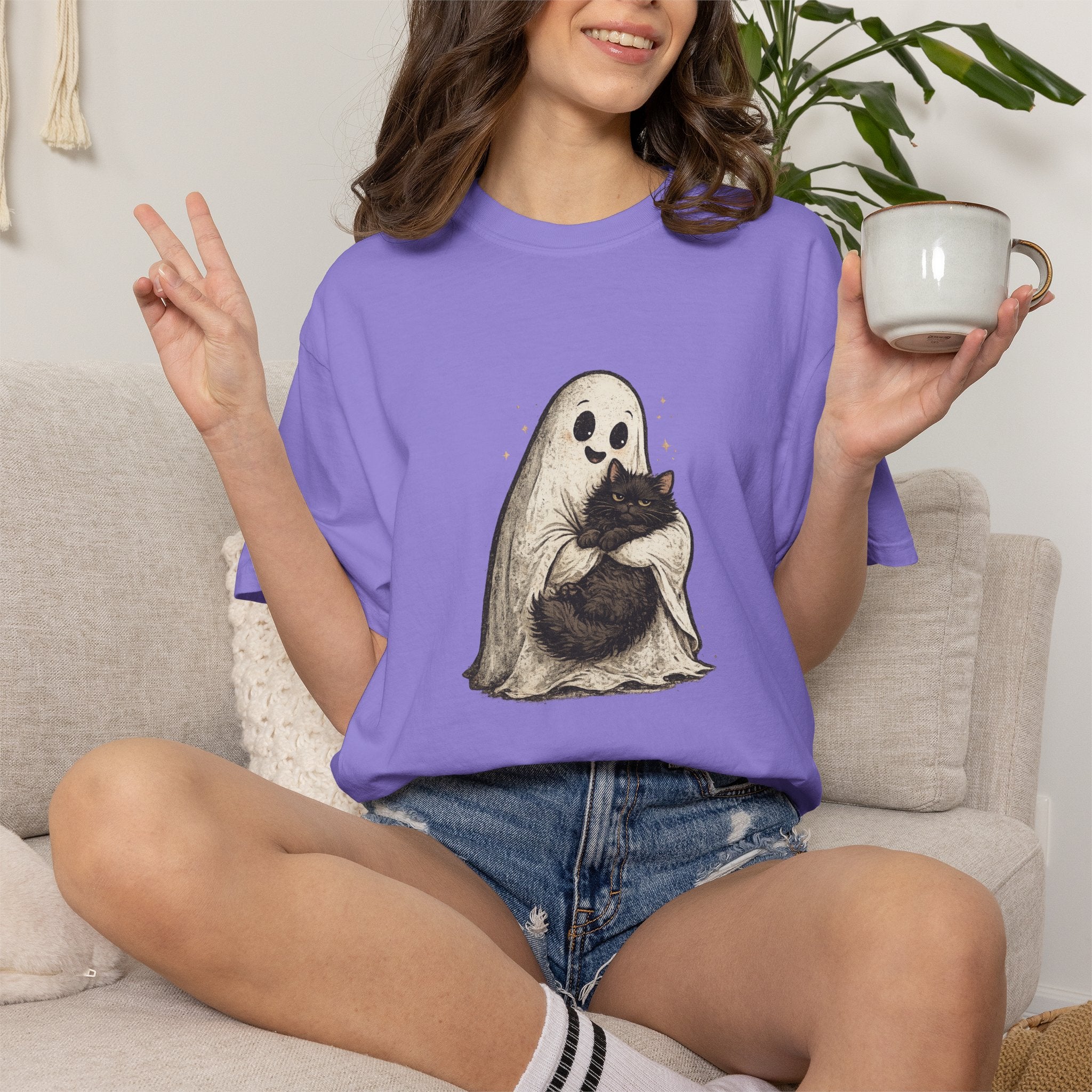 Boo & Meow Ghost Hugging Black Cat T-Shirt | Cute Spooky Tee