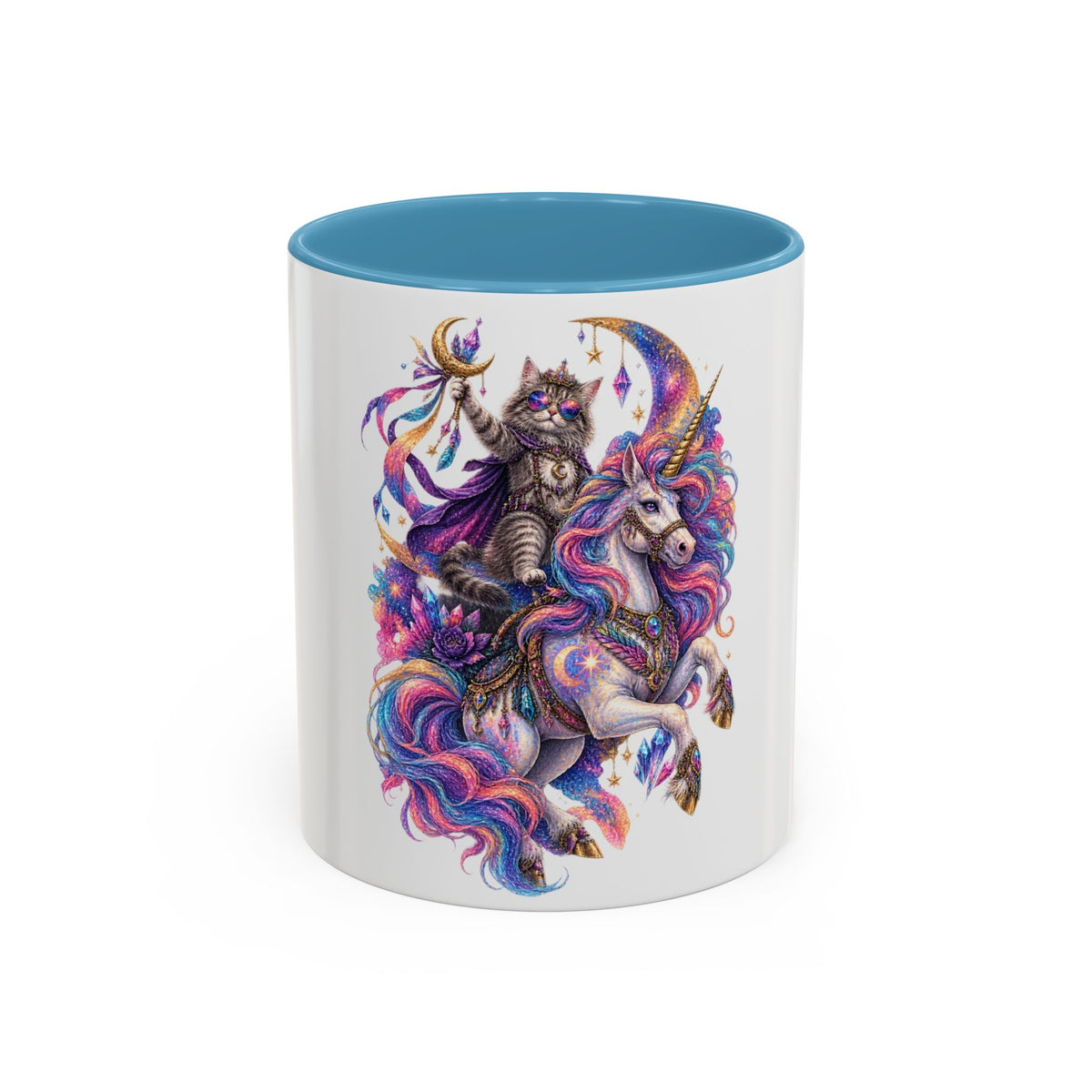 Magical Cat Knight on Unicorn Accent Coffee Mug — Colorful Fantasy 11/15oz
