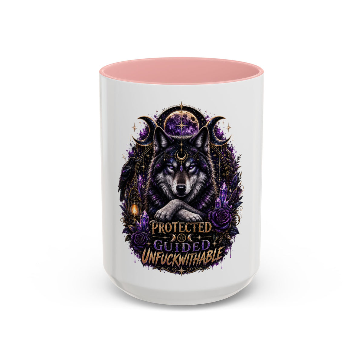 Protected, Guided & Unfuckwithable Wolf Coffee Mug — Spiritual Mystic Accent Mug (11/15oz)