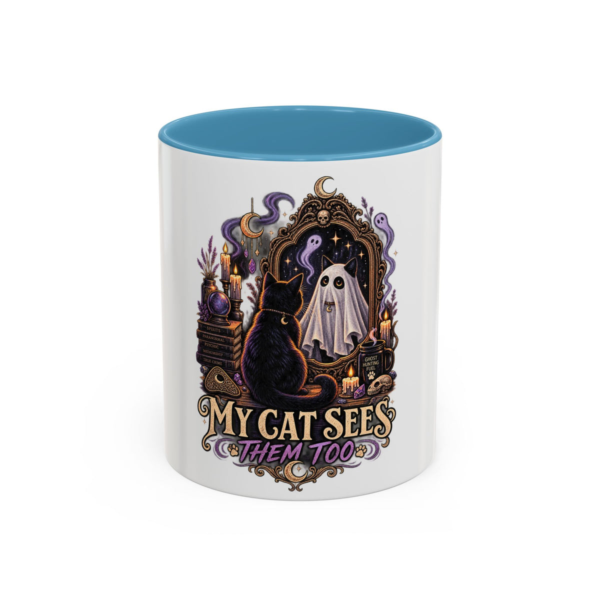 My Cat Sees Them Too Accent Coffee Mug – Halloween Cat & Ghost 11/15oz
