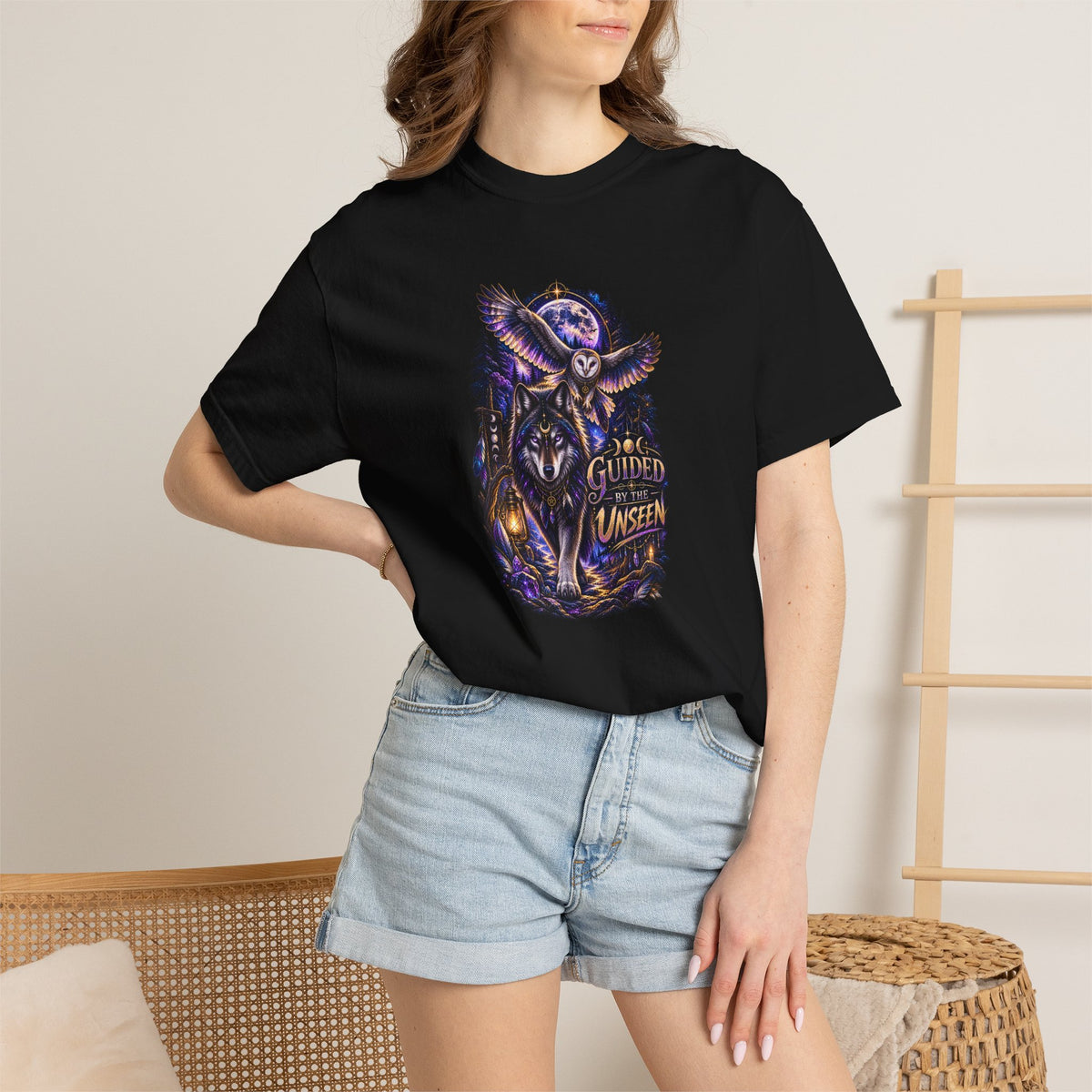 Occult Owl and Wolf Guardian Graphic T-Shirt — 'Guardian of the Unseen' Vintage Night Vibe