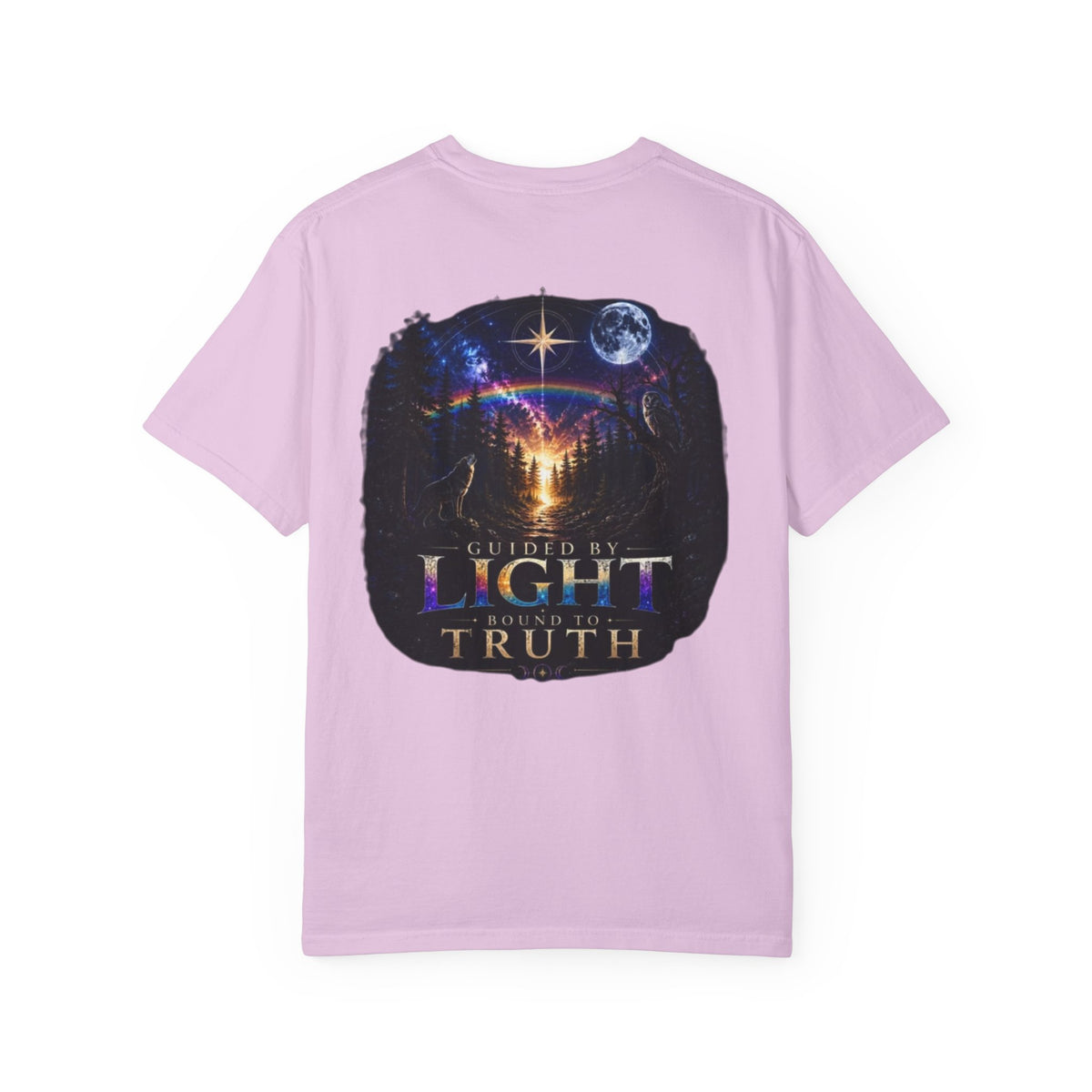 T-Shirt — "Guided by Light, Bound to Truth" Cosmic Forest Graphic