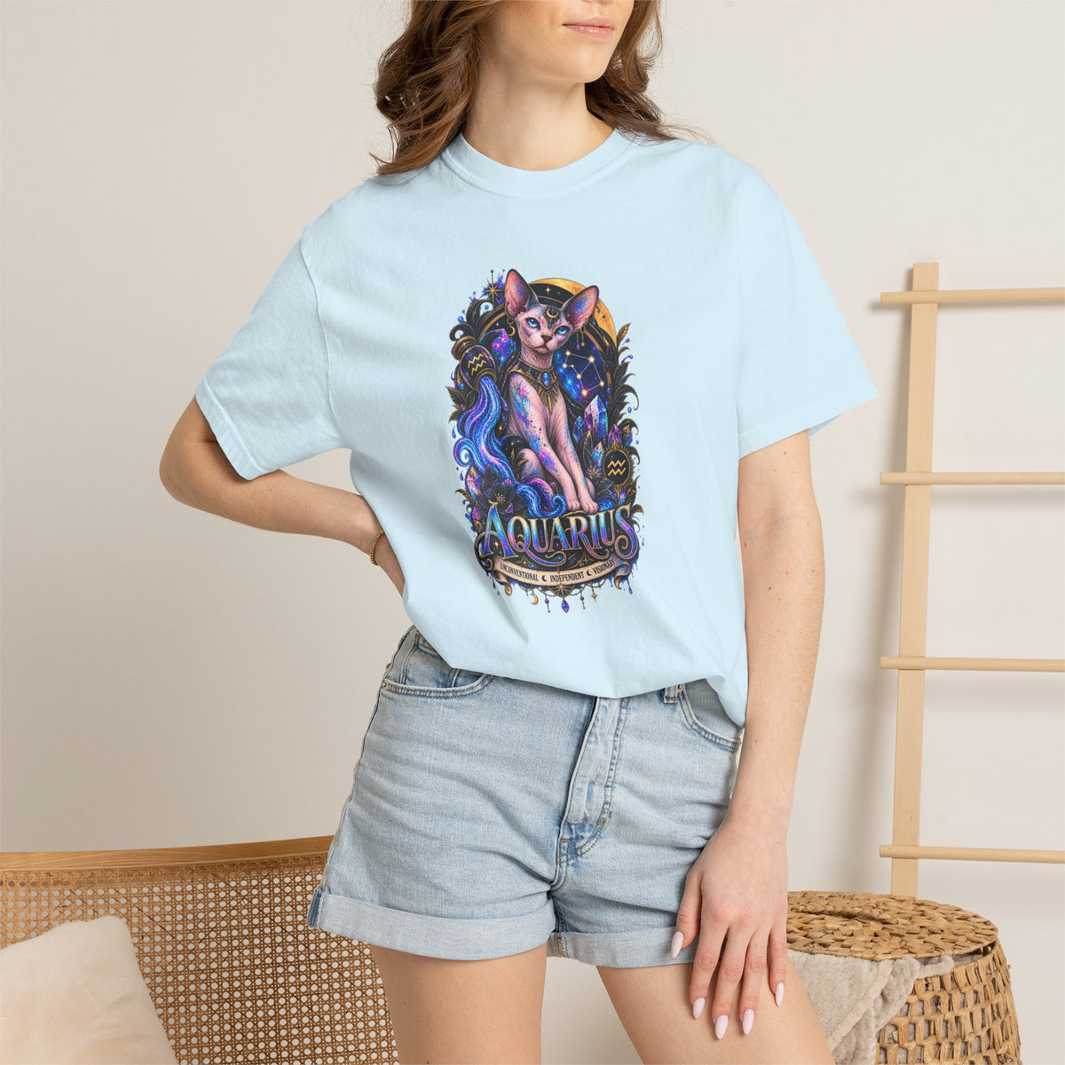 Aquarius Sphynx Cat Zodiac Tee- Celestial Astrology cat lover T-shirt