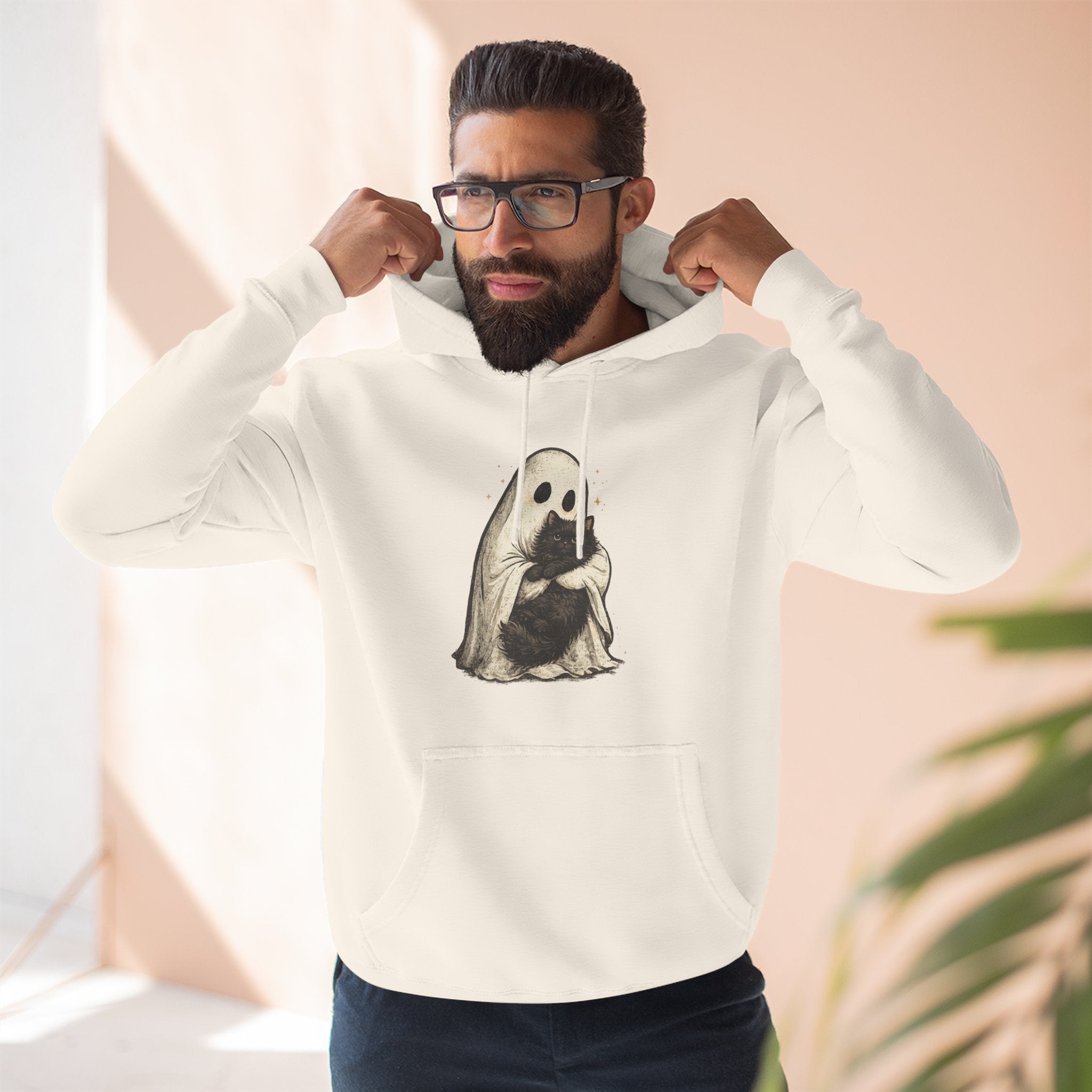 Ghost Hugging Black Cat Fleece Hoodie — Cute Ghost Hugging Black Cat Cozy Pullover