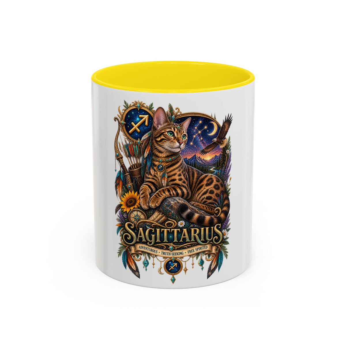 Sagittarius Bengal Cat Zodiac Coffee Mug — Cat Archer Astrology Accent Mug (11/15oz)