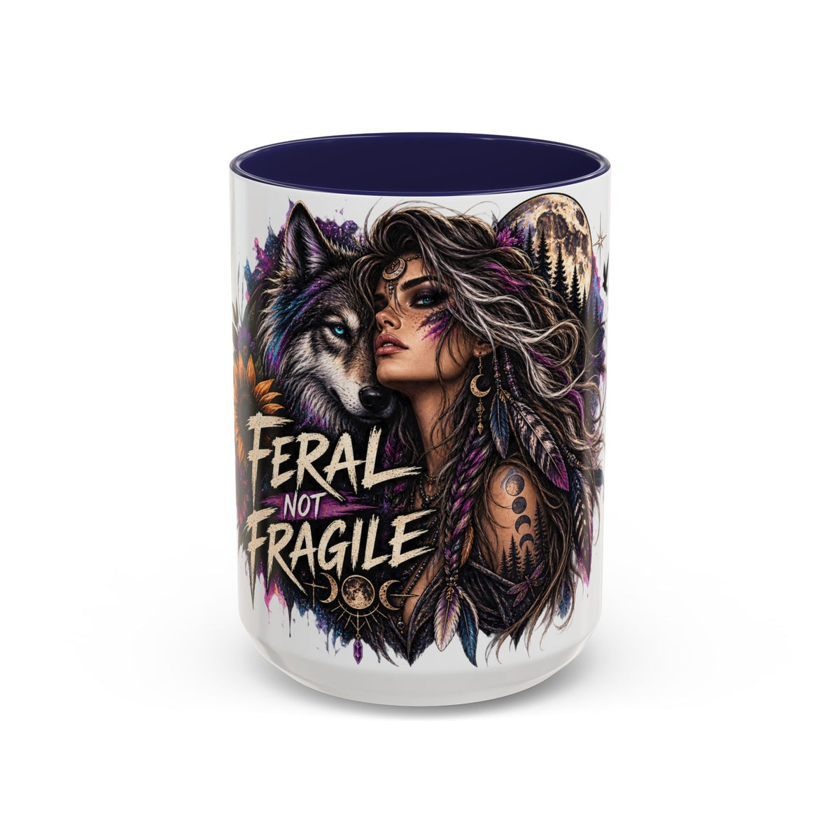 Feral Not Fragile Accent Coffee Mug — Wolf Goddess 11oz/15oz